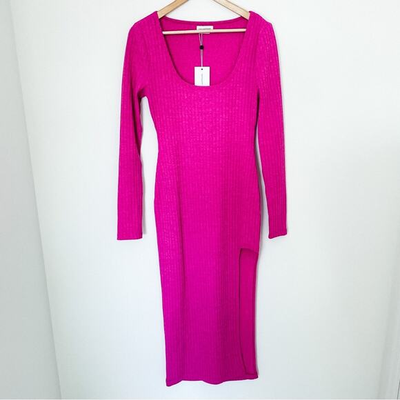 NWT Lovers + Friends Naomi Raspberry Ribbed Long Sleeve Midi Dress - Picture 2 of 6
